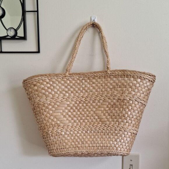 Vintage Woven Straw Tote Beige Wicker Market Shoulder Bag Lined - Picture 2 of 13